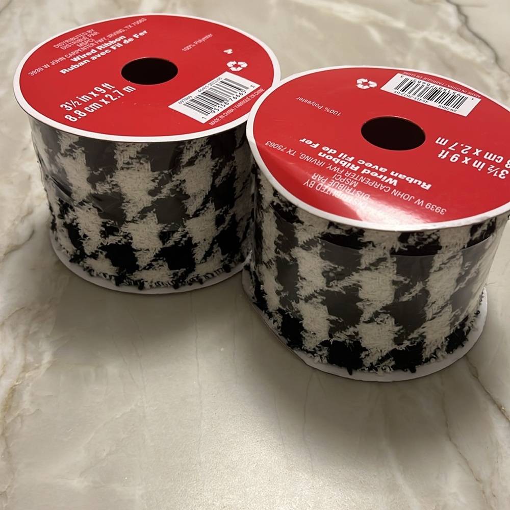 2 Rolls of Black & White Herringbone Wired Holiday Ribbon,  3.5” x 9 feet, NEW